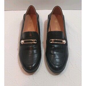 DREAM PAIRS Black Croc Embossed Loafers Pearl Gold Buckle Flats 8.5